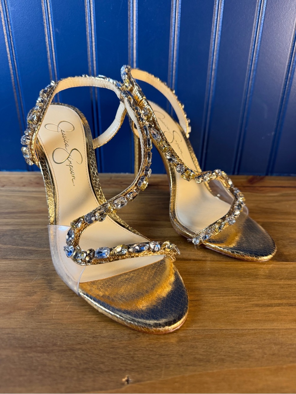 Jessica Simpson Jaycin Gold Crystal Rhinestone Heels Sandals Size 7.5